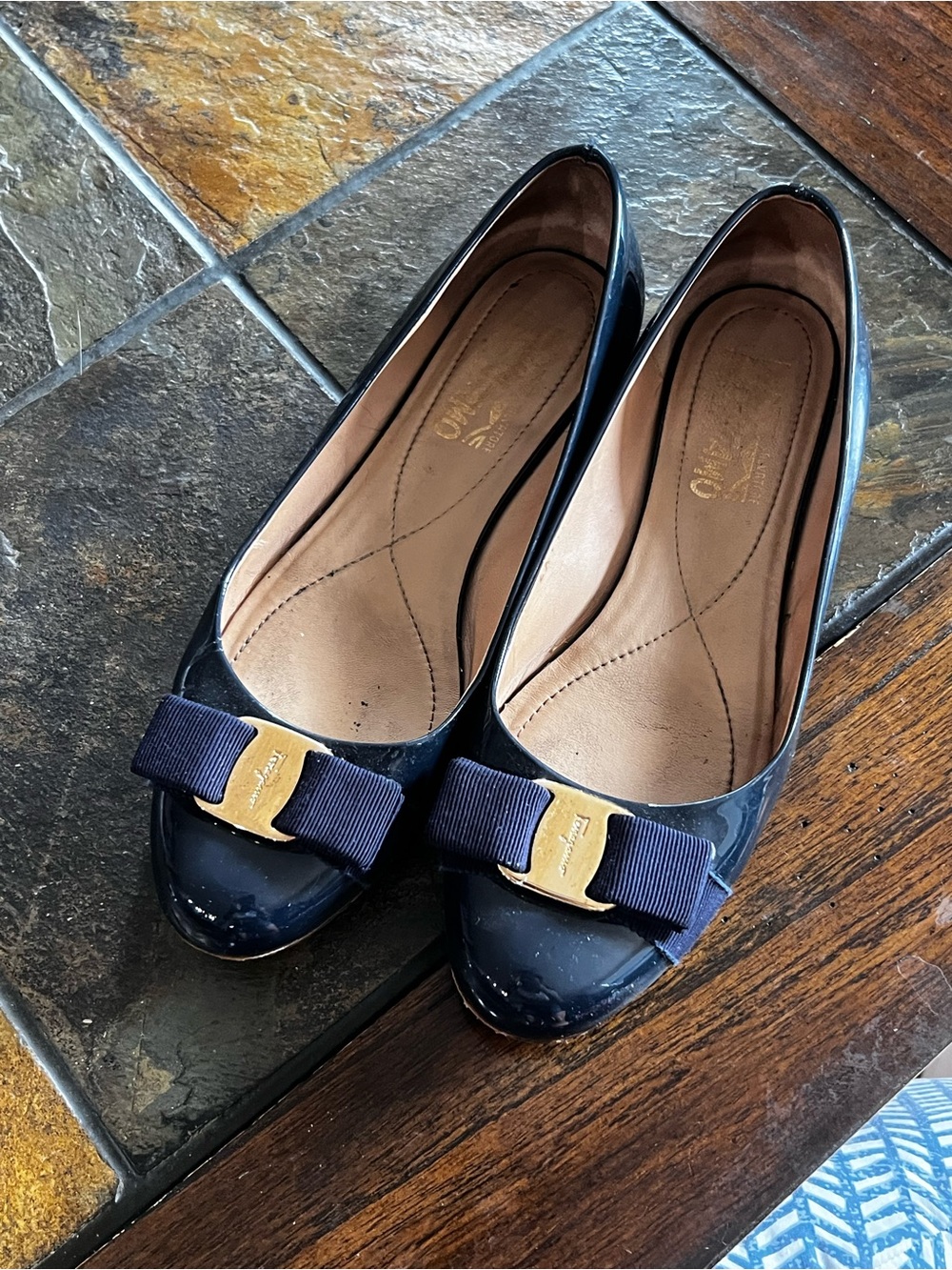 Salvatore Ferragamo Navy Patent Vara Bow Ballet Flats